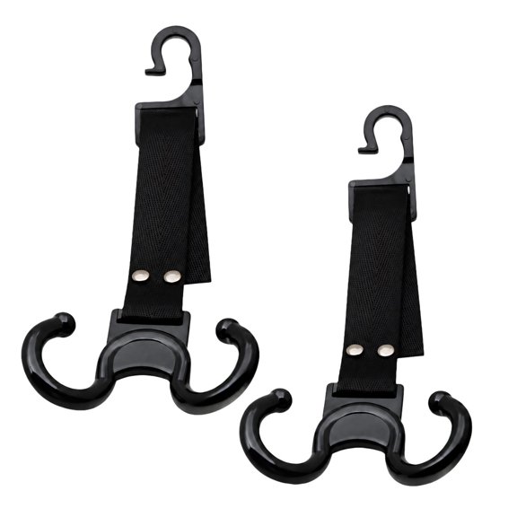 Twin Car Headrest Hangers, 2Pcs Organiser with Two Lower Arms Assembly, Variable-Length Webbing, and Clip-On Mounting for Behind-Seat Bag Storage