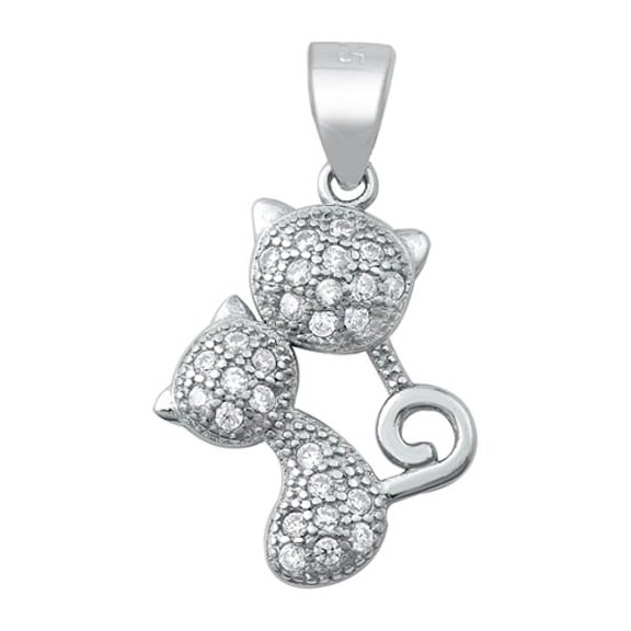 Twin Cat Pendant With CZ, Sterling Silver with Chain Necklace