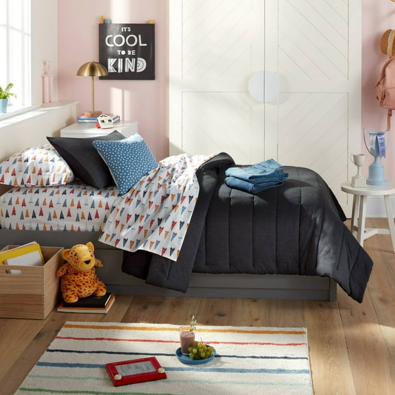 Twin Channel Jersey Kids' Comforter Set Black: Twin Bedding, Quilted, OEKO-TEX Certified, 2 Pieces