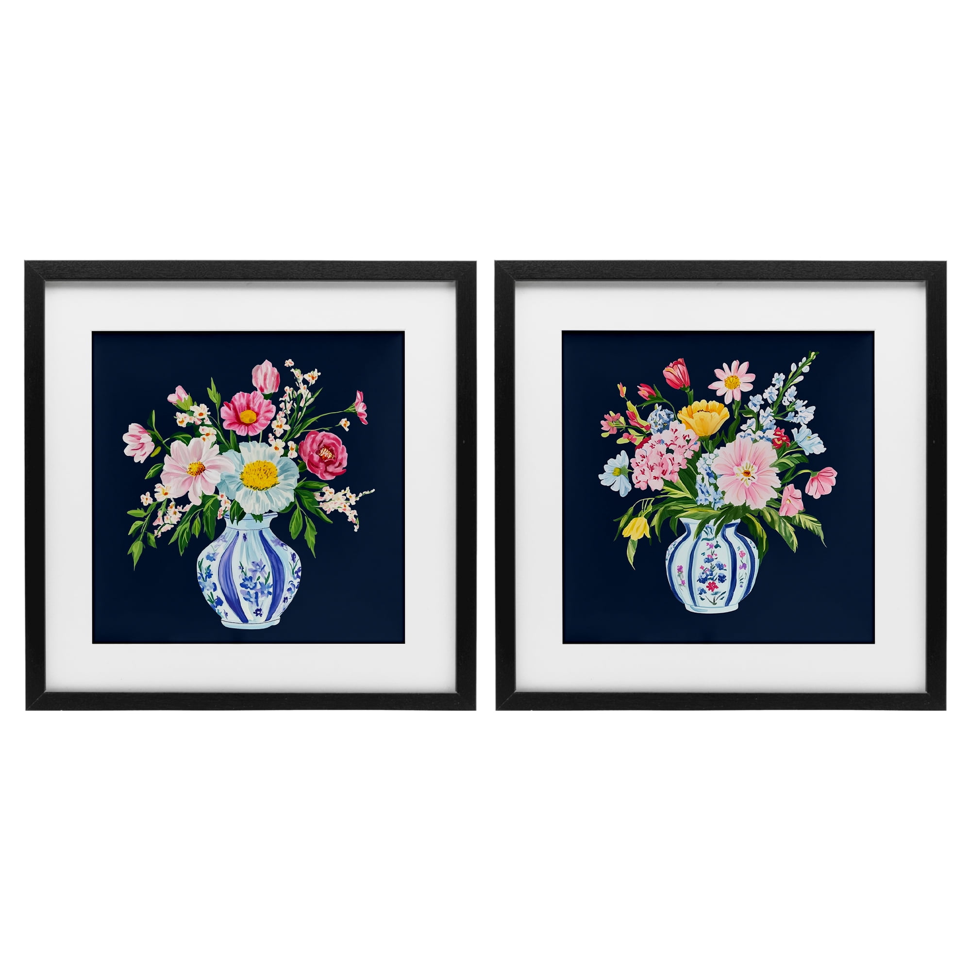 Twin Chinoiserie Vases 2 Piece Black Framed Print Under Glass Set, design by Yen