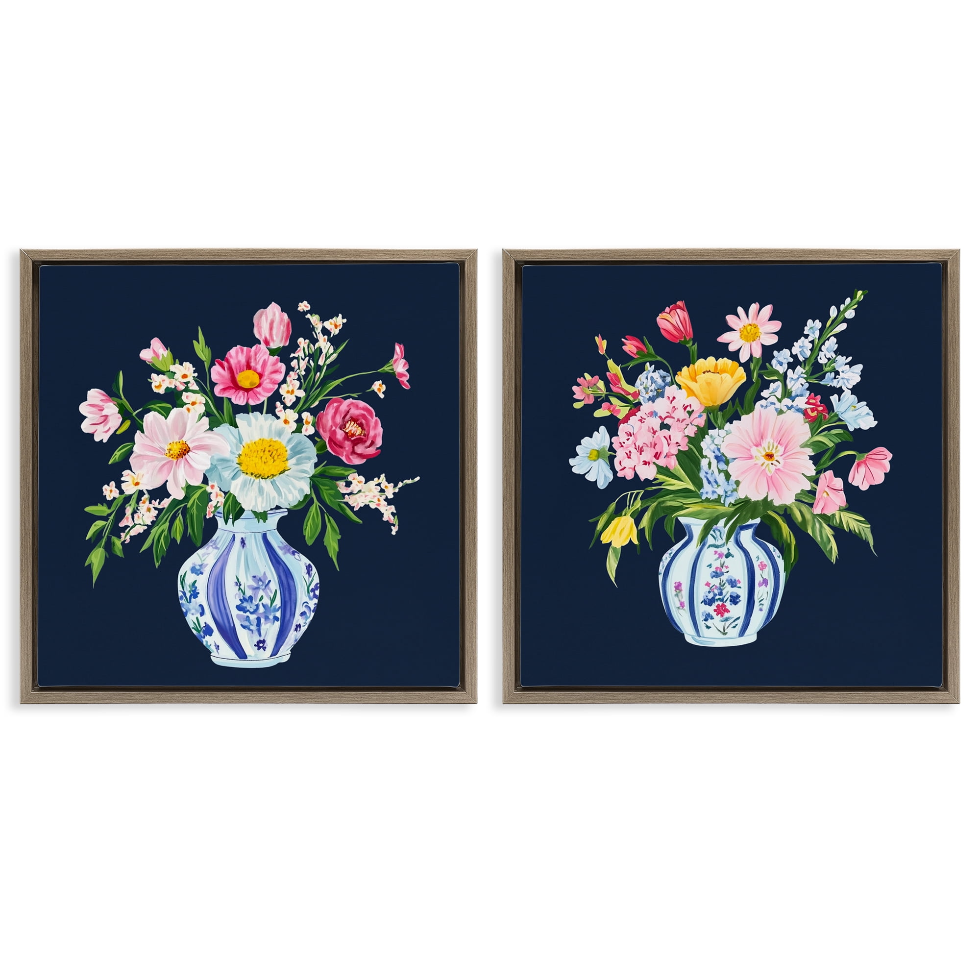 Twin Chinoiserie Vases 2 Piece Brown Framed Floater Canvas Set, design by Yen