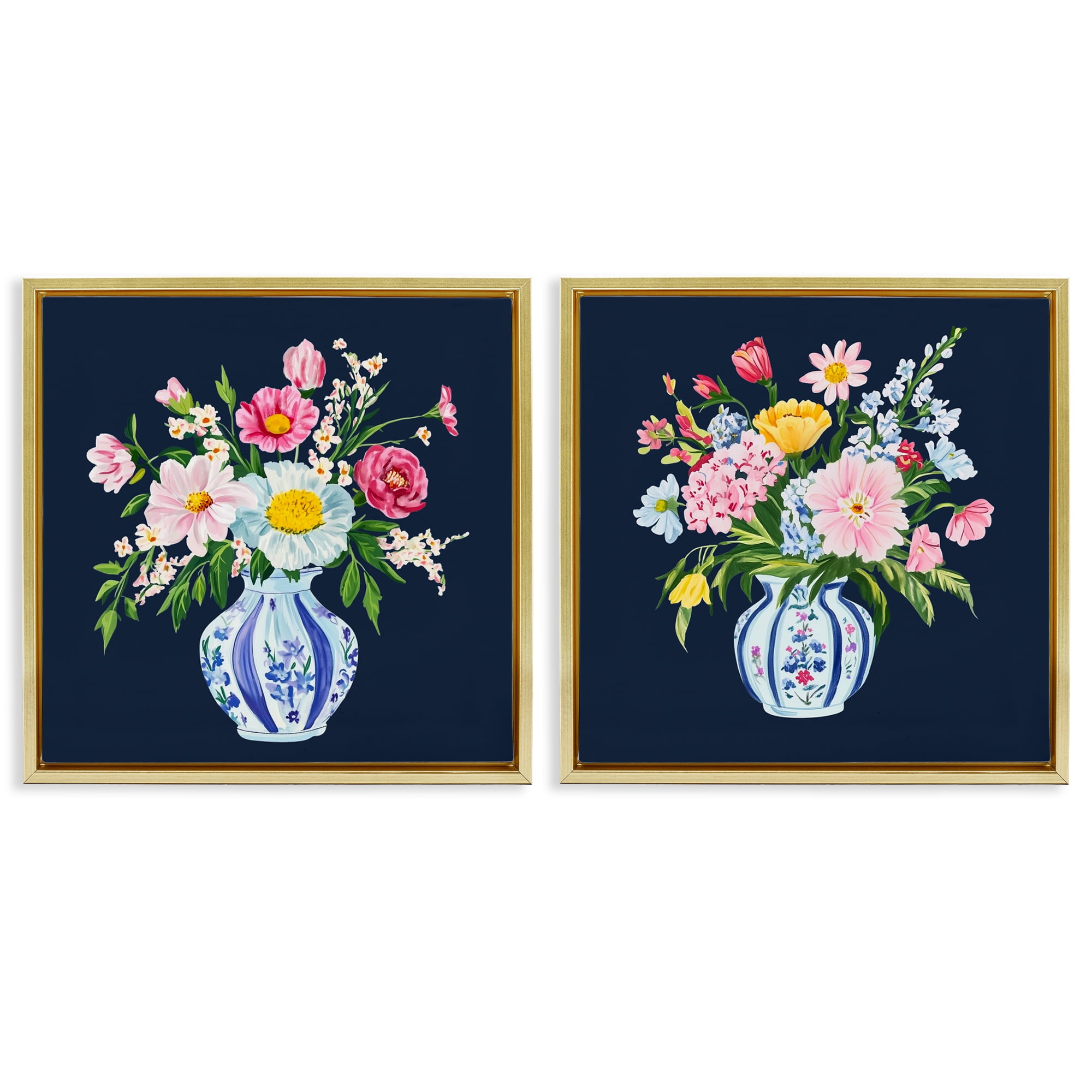 Twin Chinoiserie Vases 2 Piece Gold Framed Floater Canvas Set, design by Yen