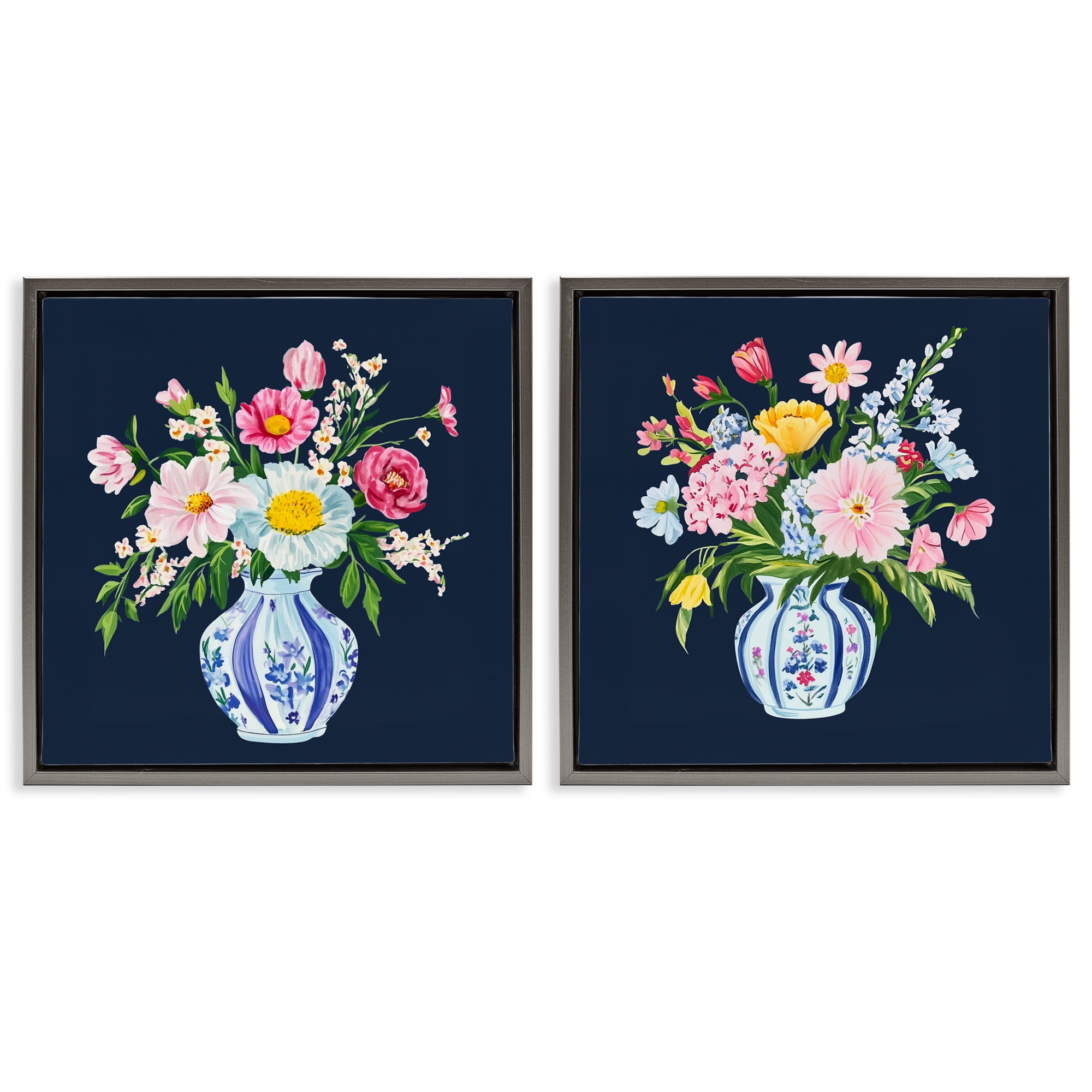 Twin Chinoiserie Vases 2 Piece Gray Framed Floater Canvas Set, design by Yen