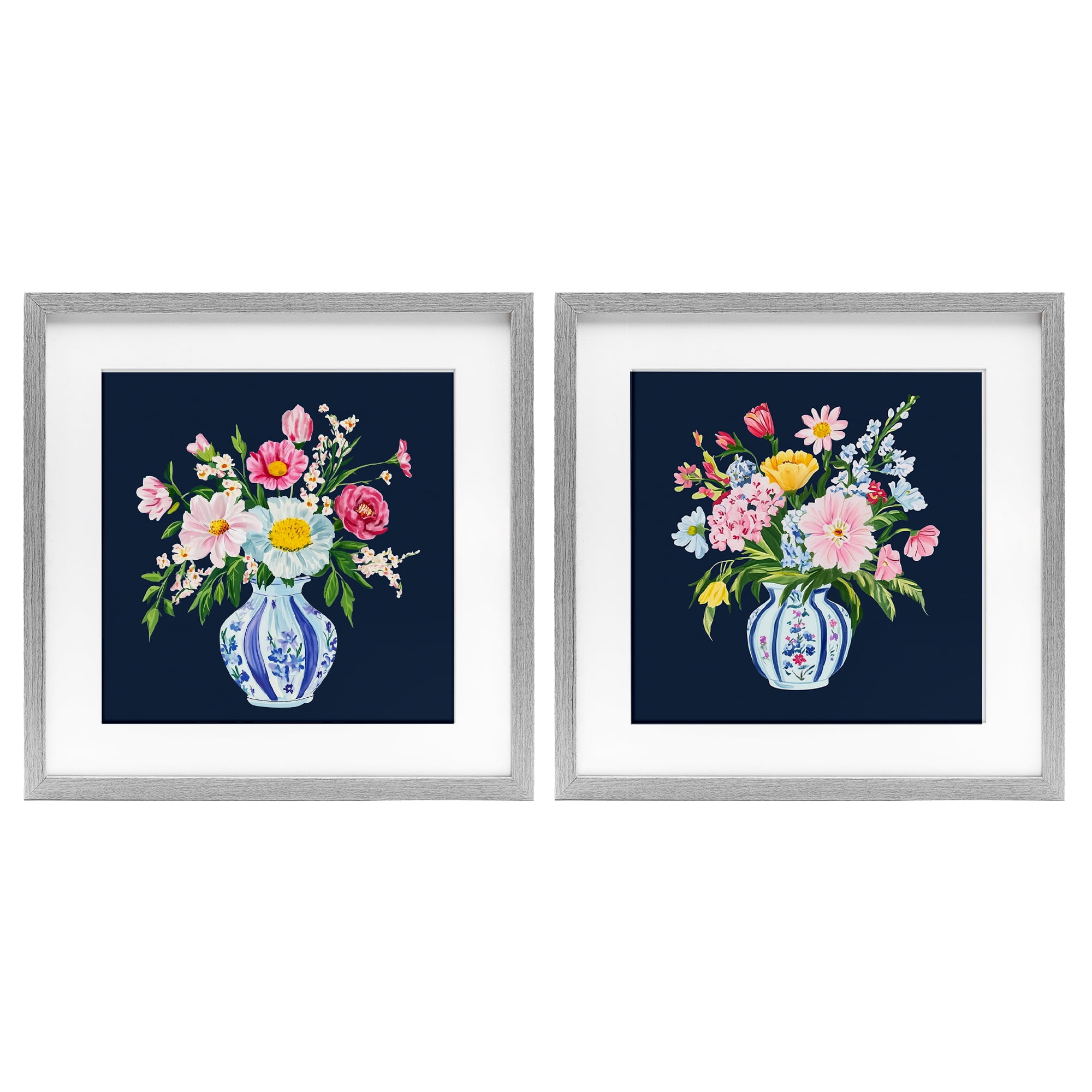 Twin Chinoiserie Vases 2 Piece Gray Framed Print Under Glass Set, design by Yen