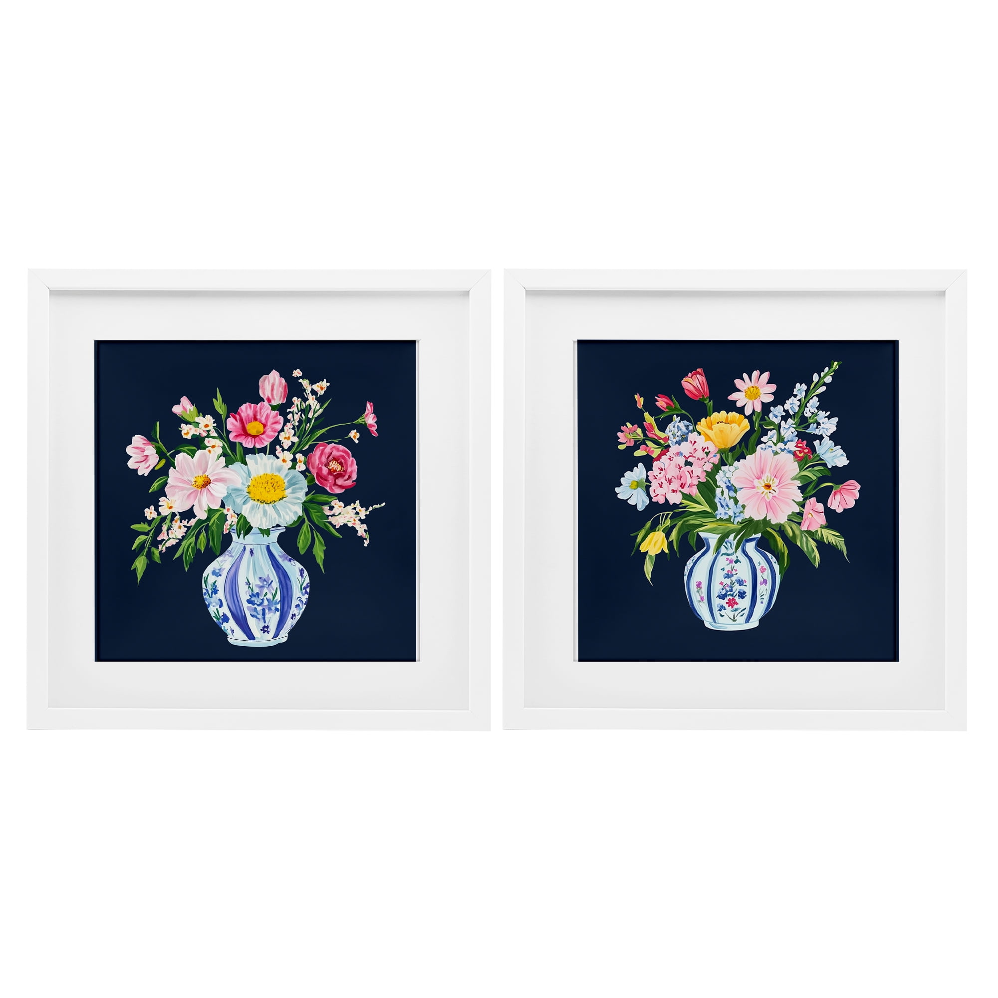 Twin Chinoiserie Vases 2 Piece White Framed Print Under Glass Set, design by Yen