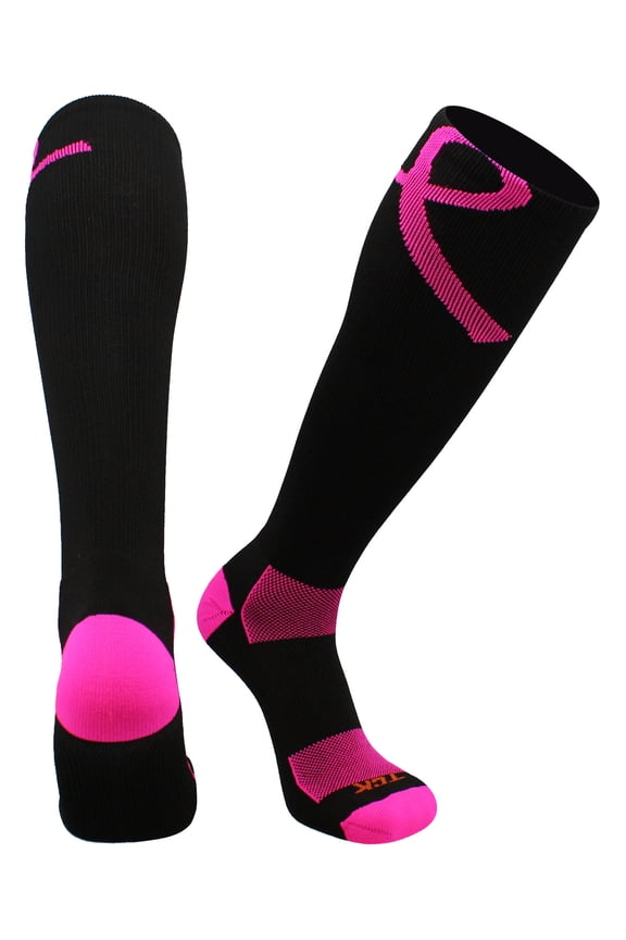 Pink Ribbon Awareness Over the Calf Socks (Black/Neon Pink, Small)