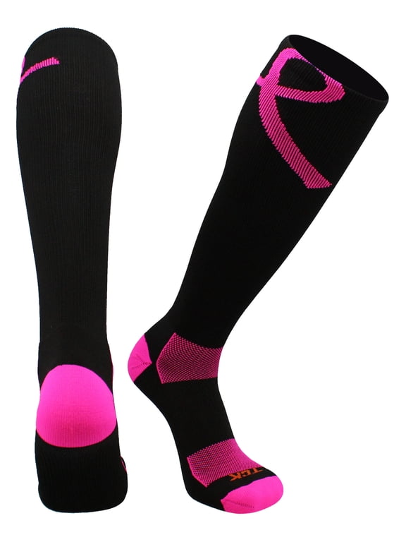 Pink Ribbon Awareness Over the Calf Socks (Black/Neon Pink, Small)