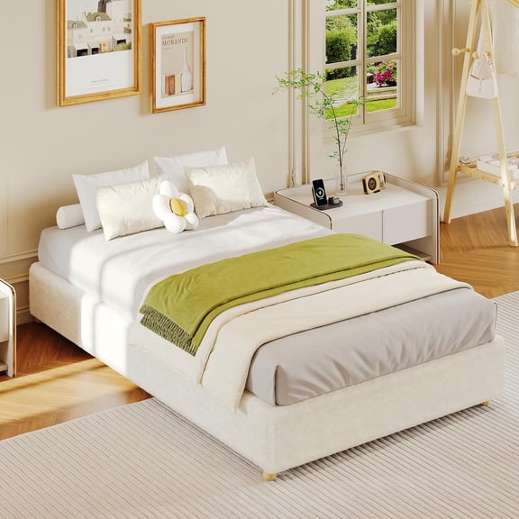 Twin Cloud Bed Frame, Corduroy Soft Fabric Low Bed Frames with Solid Wood Round Legs, Twin Size Platform Bed Without Headboard, No Box Spring Needed, Noiseless