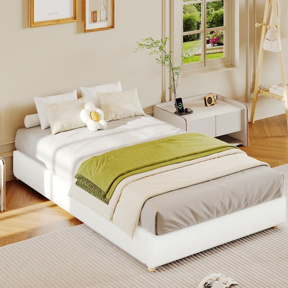 Twin Cloud Bed Frame with Corduroy Upholstery, Low Profile Platform Bed, Wood Legs, No Box Spring, White