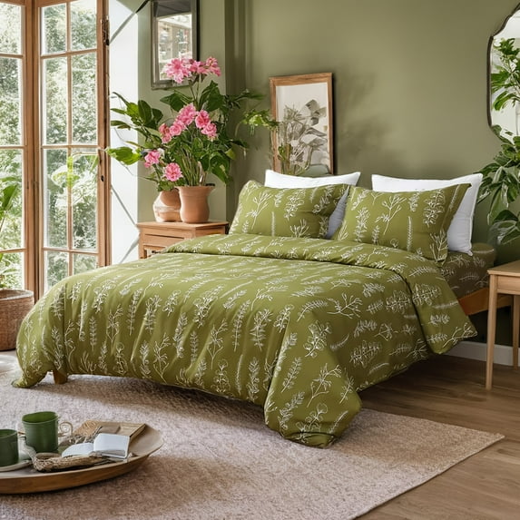 Twin Comforter Olive Green Duvet cover Set Floral Comforter Cover Set Bedding Set White Flower Printed Lightweight Duvet Cover with 1 Pillow Case for All Season Using
