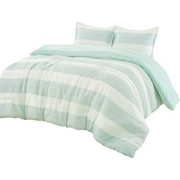 Twin Comforter Set 2 Piece Stripes Cotton Blend Soft Lightweight Down Alternative Beige Aqua Light Mint Green Sleek Modern Bedding Set with Pillow Shams-Hydi (Twin)