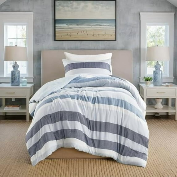 Twin Comforter Set, 2 Pieces Striped Bed Set, Soft Brushed Microfiber Reversible Bedding Set for All Season, Lightweight & Breathable Bedding Set with Comforter & Sham, Navy/Blue