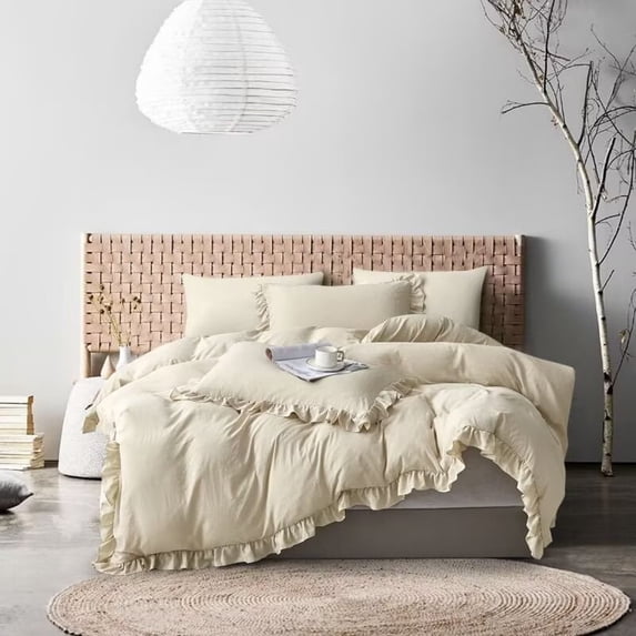 Twin Comforter Set 3 Pieces Ruffle Bedding Sets Oatmeal Cute Bedding Comforters & Sets, Lightweight Fluffy Microfibe (66"x90" Comforter & 2 Pillowcases)