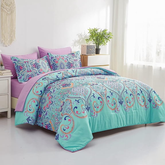 Twin Comforter Set, 5 Piece Bed in a Bag, Boho  and Lilac Damask Medallion Print Comforter with Sheets, Soft Microfiber Complete Bedding Set for All Season (, Twin)