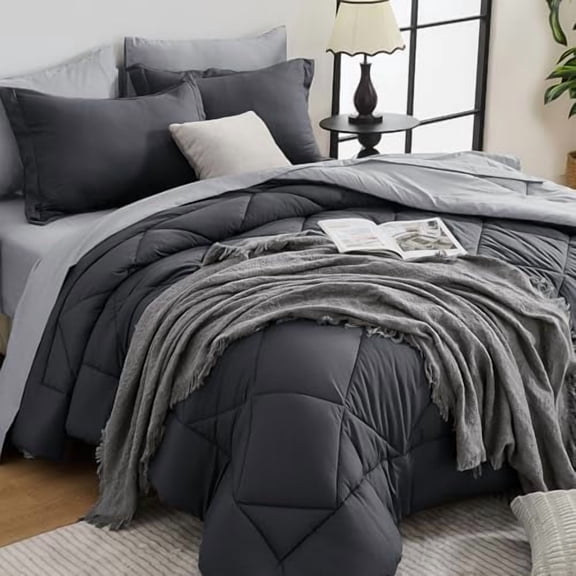 Twin Comforter Set - 5-Piece All Season Bed in a Bag Twin, Ultra Soft Bedding Set with Comforter, Flat Sheet, Fitted Sheet, Pillowcases, Pillow Shams, Dark Grey & Light Grey