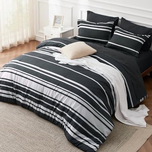 Twin Comforter Set 5 Pieces, Black Striped Bedding Set for All Seasons, Reversible, Cationic Dyeing Bed in a Bag with Comforter, Sheets, Pillowcase & Sham
