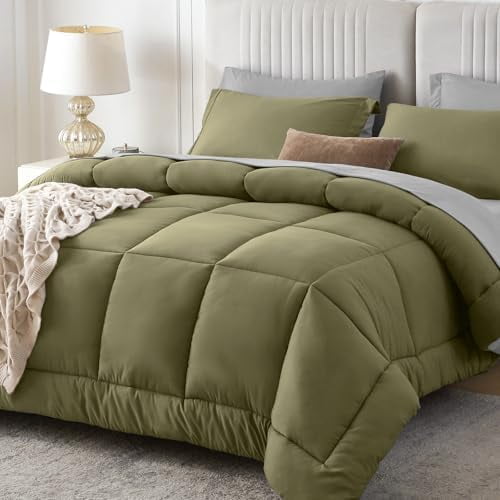 Twin Comforter Set, 5 Pieces Reversible Bed in a Bag Twin, Complete Bedding Set Includes Comforter, Flat Sheet, Fitted Sheet, Pillowcase and Pillow Sham, Olive & Light Grey