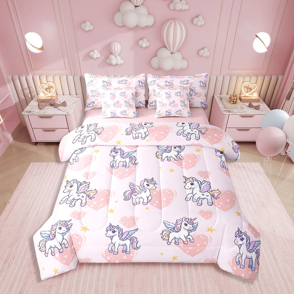 Erosebridal 7 Pieces Twin Size Rainbow Bed Set,Unicorn Comforter Set Twin,Pink Reversible,Love Heart Rainbow Twin Bedding Set,1 Comforter,2 Pillow Shams,1 Flat Sheet,1 Fitted Sheet,2 Pillowcases