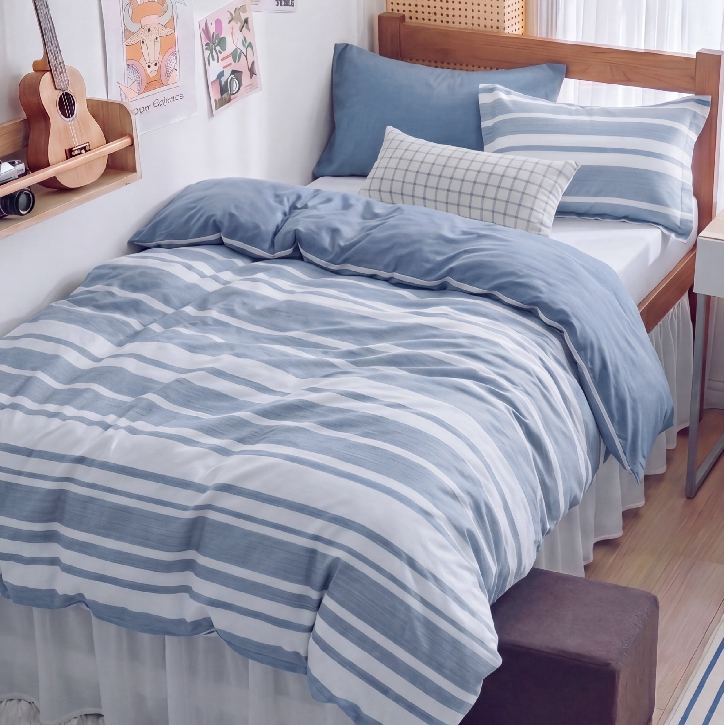 U Bedsure U by Bedsure Twin/Twin-XL Comforter Set Blue, 5 Pieces Reversible Cationic Dyeing Bed in a Bag, Striped Dorm Bedding Set, All-Season