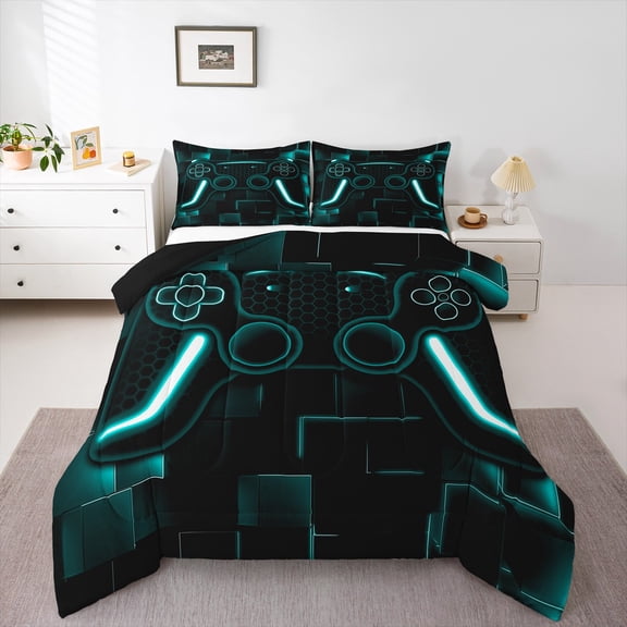 Twin Comforter Set Gamer Bedding Set Gaming Comforter Teal Black Teens Gamer Room Decor Game Geometric Duvet Insert 1 Comforter With 1 Pillowcase Gamer Gifts