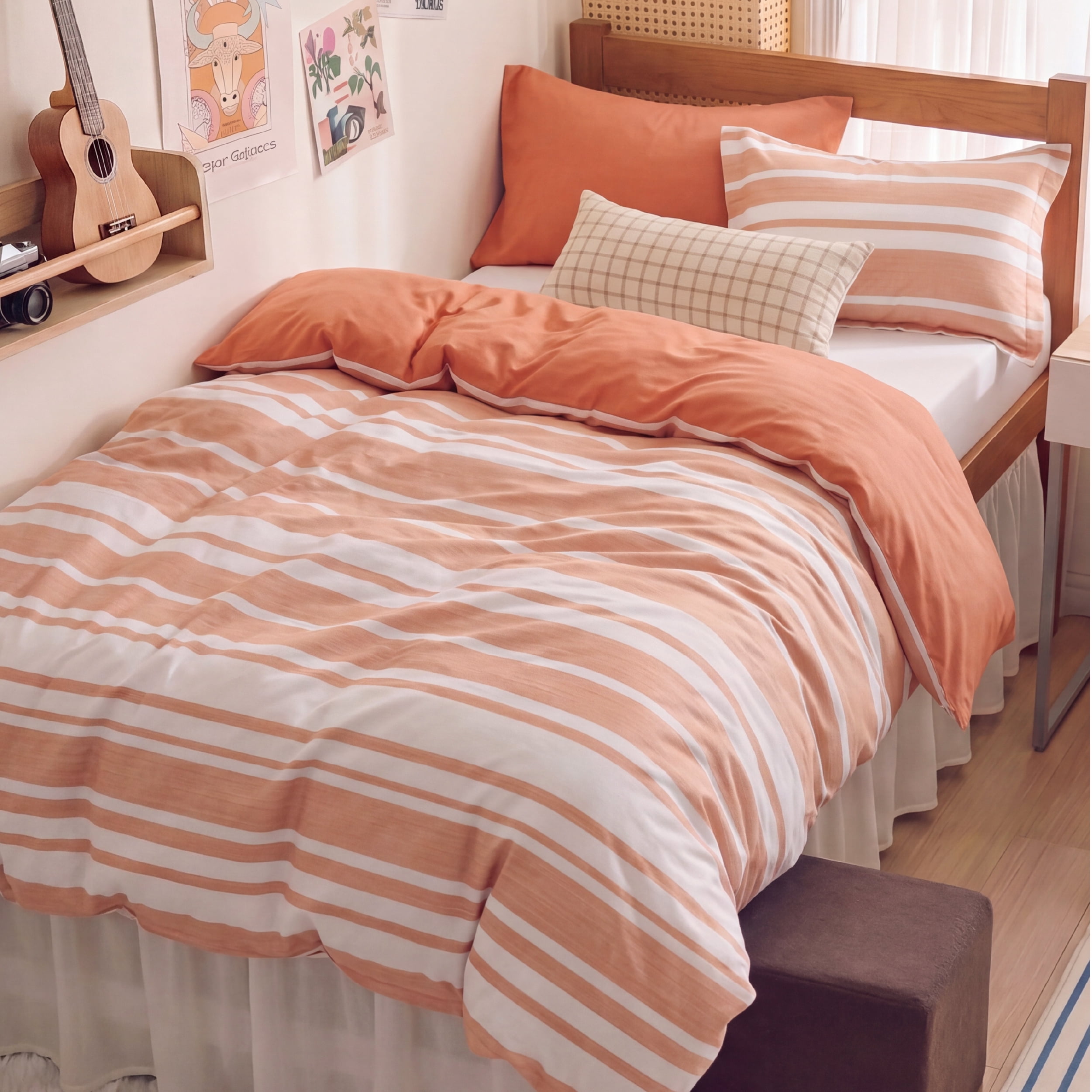U Bedsure U by Bedsure Twin/Twin-XL Comforter Set Burnt Orange, 5 Pieces Reversible Bed in a Bag, Striped Dorm Bedding Set, All-Season