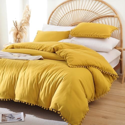Twin Comforter Set - Comforter Twin Size Bed with Ball Pom Fringe, Soft Bedding Set for All Seasons - 2 Pieces, 1 Comforter (66"x90") & 1 Pillow Sham(20"x26"), Mustard Yellow