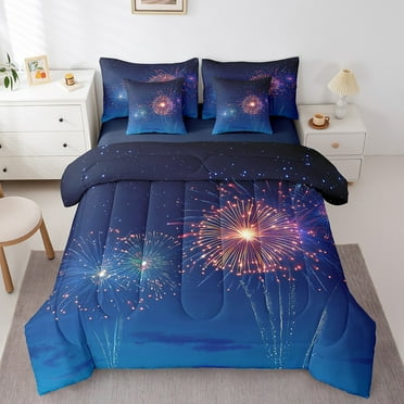 Twin Comforter Set - Firework 7 Pieces Reversible Comforters Watercolor Fireworks Twin Size Bed Set Oil Painting Night Sky Bed in a Bag with Comforter,Sheets,Pillowcases & Shams