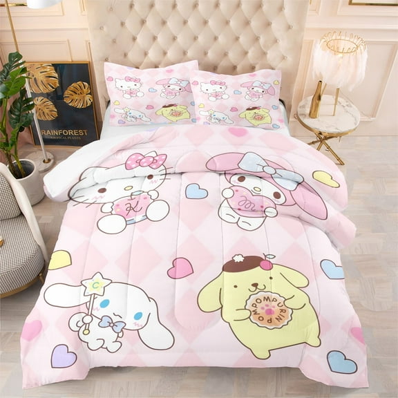 Twin Comforter Set For Kids, 3 Piece Pink Kitty Melody Cinnamoroll Cartoon Comforter Sets & Bedding For All Season, Twin/Twin XL