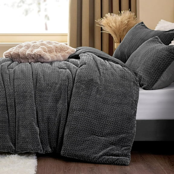 Twin Comforter Set - Furry Grey Leaves Pattern Faux Fur Bed Set, Winter Ultra Soft Fuzzy Comfort Set, Velvet Bedding Set for Bed with 1 Pillow case