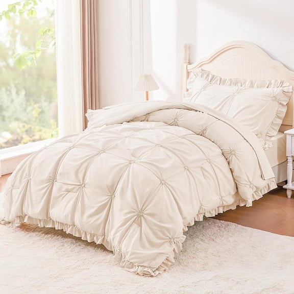 Twin Comforter Set for Girls, Boho Pintuck Bedding Comforter Sets, 4 Pieces Ruffles Jacquard Embroidery Bedding Comforter Sets with Comforter, Fitted Sheet, Flat Sheet and Pillowcase, Beige