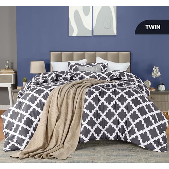 Twin Comforter Set Grey, Printed Comforters Twin Size, 2 Piece Lightweight All Season Down Alternative Bedding Set with 1 Comforter (64 x 88 in) and 1 Pillow Shams (20 x 26 in)