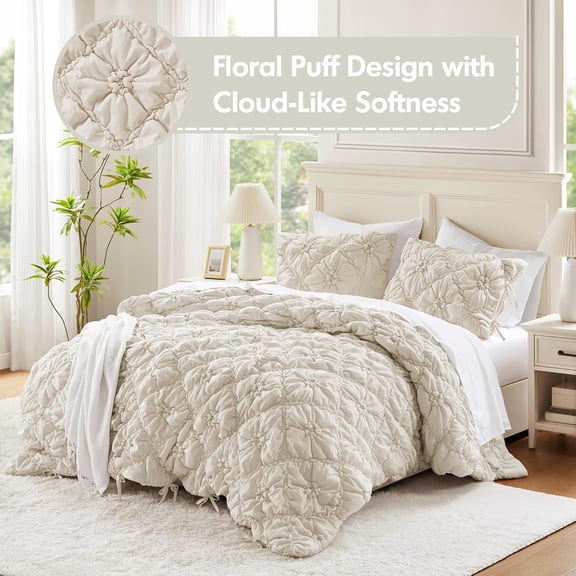 Twin Comforter Set  Ivory Lily Puffy Floral Shabby Chic  Bedding for Girls, Ultra-Soft, Lightweight & All-Season