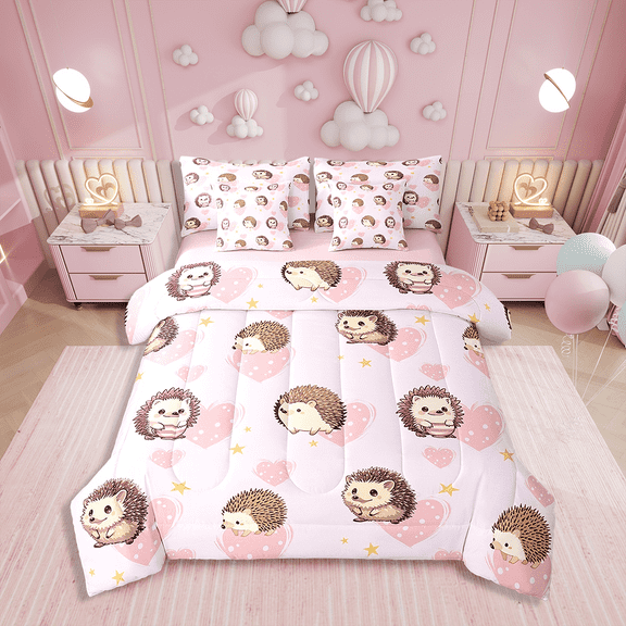Twin Comforter Set,7 Pieces Hedgehog Bedding Sets Twin Bed in a Bag with Reversible Cute Animal Bed Set,Love Heart Comforter,Sheets,Pillowcases and Shams