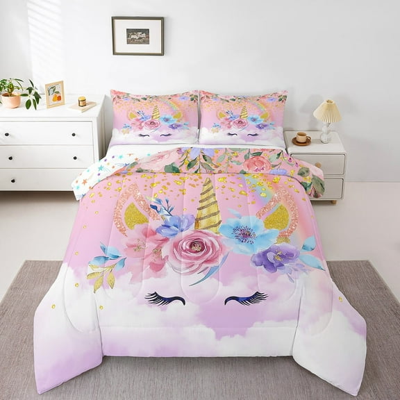 Twin Comforter Set,Flower Unicorn Bedding Sets,Cartoon Unicorn Reversible Duvet Insert,Floral Rainbow Unicorn Quilt with 1 Pillowcase Bedroom Decor