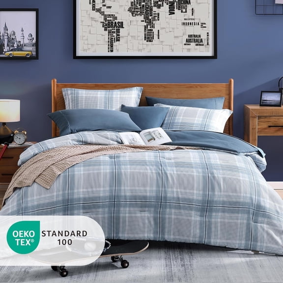 Twin Comforter Set, Light Blue Plaid Bedding Set 5 Piece for Boys Girls Teen, Classic Homestead-Style Kids Comforter Set Bed in A Bag with Sheets, Pillowcase & Sham