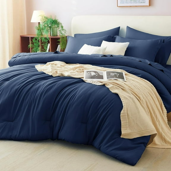 Twin Comforter Set Navy Blue, 5 Pieces Bed in a Bag Twin Comforter Set with Sheets, All Season Bed Sets with Down Alternative Comforter, Fitted Sheet, Flat Sheet, Pillow Sham and Pillowcase