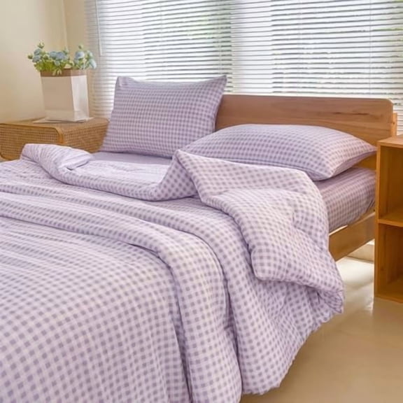 Twin Comforter Set, Purple Gingham Bedding Comforter Sets, Purple Grid Bed Comforter 2 Pieces (1 Comforter, 1 Pillowcase)