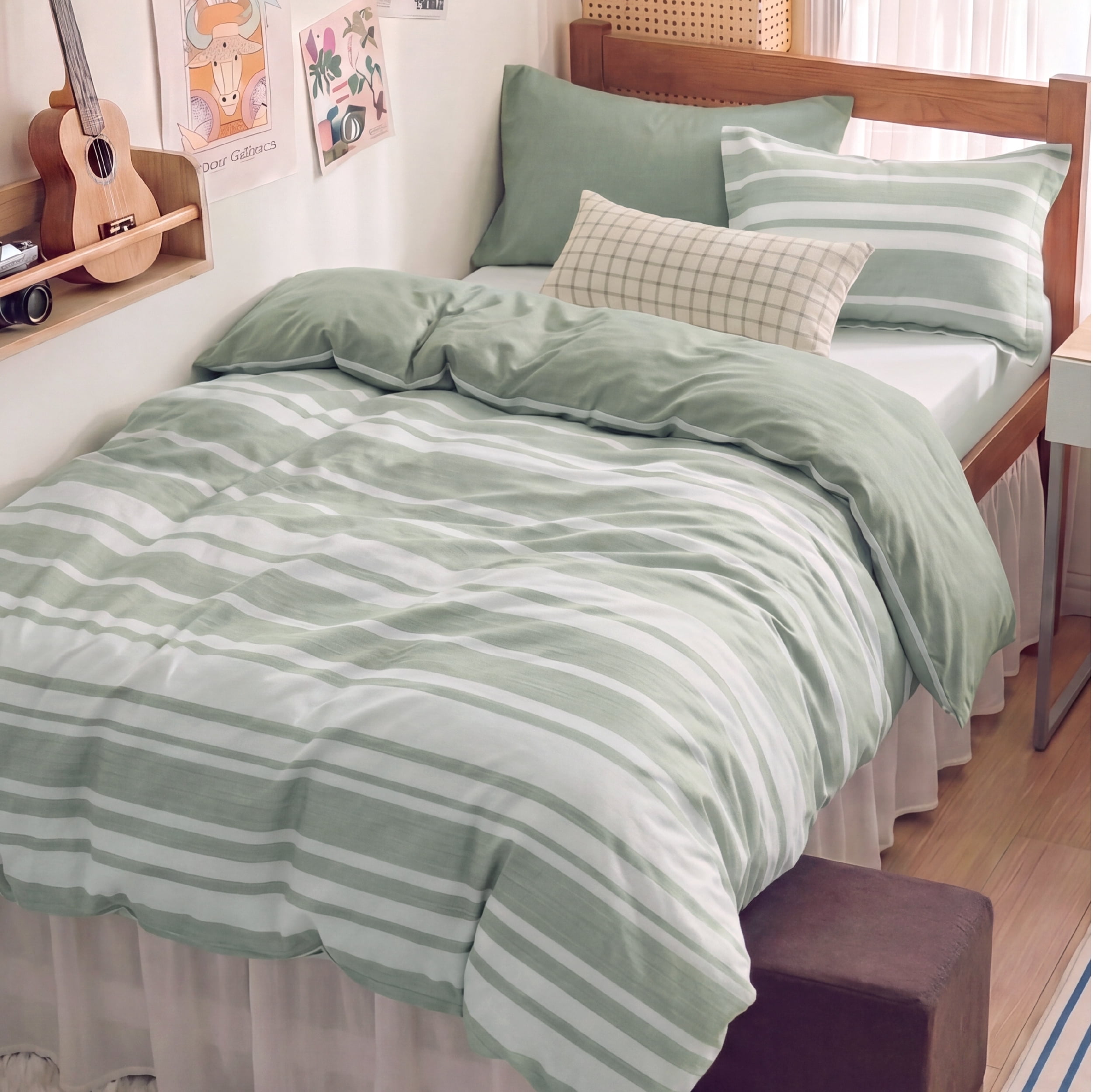 U Bedsure U by Bedsure Twin/Twin-XL Comforter Set Sage Green, 5 Pieces Reversible Bed in a Bag, Striped Dorm Bedding Set, All-Season