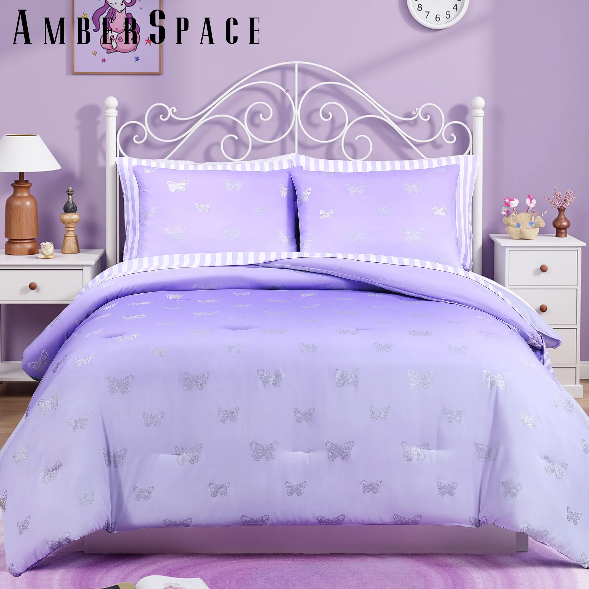 Amberspace gold foil Design 5-piece Bed in a Bag Comforter Set with Sheets,Purple/Silver Butterflies,Twin