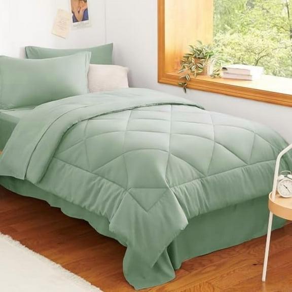 Twin Comforter Set with Sheets Sage Green - 5 Pieces Bed in a Bag Twin, All Season Bed Set for Girls and Boys, Bedding Set with Down Alternative Comforter, Sheets, Pillowcase & Sham