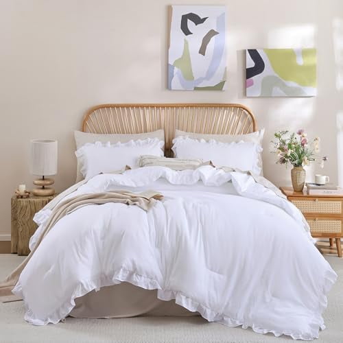 Twin Comforter Set White Comforter Ruffled Comforter Set Soft Twin Size Bed Set Vintage Farmhouse Bed Comforter Set Fluffy Shabby Chic Bedding with 1 Pillowcase