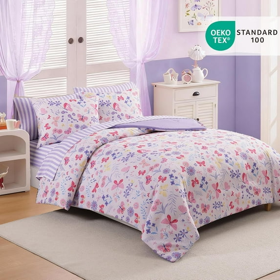 Twin Comforter Set for Girls, Butterfly Botanical Flowers Bedding Set, All Season Kids Bed in a Bag Dorm 5 Pieces with Sheets, Pillowcase & Sham