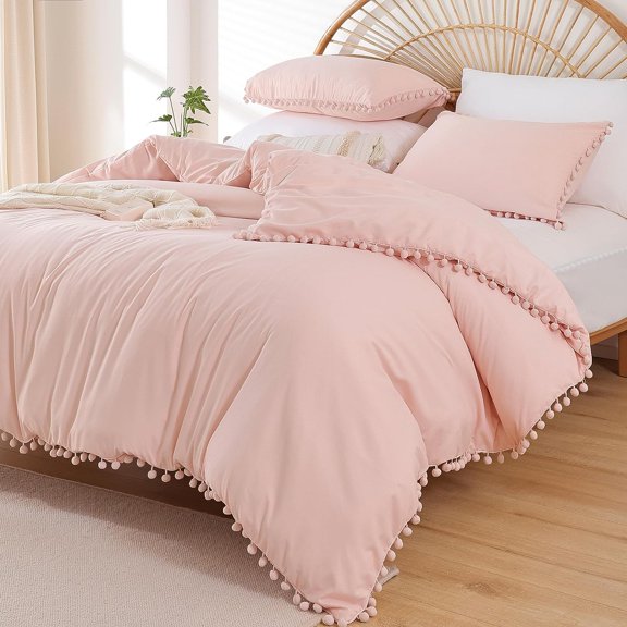 Twin Comforter Set with Pom Fringe 66 x 90 Inches Comforter and 20 x 26 Inches Pillow Sham Blush