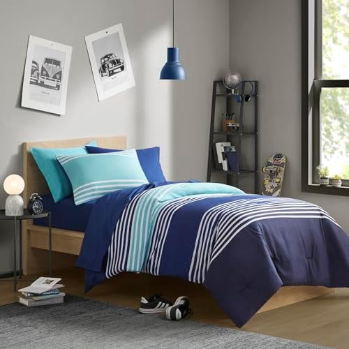 Twin Comforter Sets with Sheets - Bed in a Bag 6 Pieces Teen Bedding Sets Twin, Navy/Grey Stripes Bedding, College Twin Bed Set, 2 Side Pockes Bedroom Organizer Navy