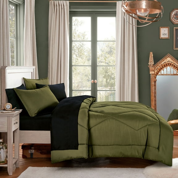 Twin Comforter with Sheet Set - 5-Piece Olive Green Bed in a Bag Set