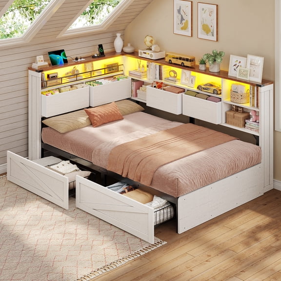 Twin Corner Bed Daybed with 6 Storage Drawers, Antique White
