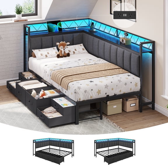 Twin Corner Bed Frame with 6 Storage Drawers and Upholstered Storage Headboard, Daybeds with LED Light & Charging Station for Teens/Adult, Twin Size Bed Frame, Black