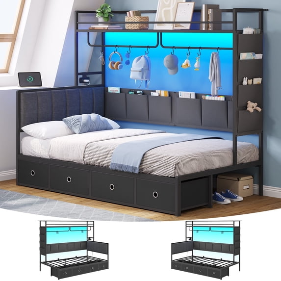 Twin Corner Bed Frame with Bookcase Shelf, 4 Drawers and LED Lights, Metal Platform Upholsterd Beds with Charging Stations, Storage Pockets, Twin Size Daybed for Teens/Adults, Black