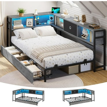 Twin Corner Bed Frame with Bookcase Storage and Led Lights,Twin Daybed Frame with Charging Station,Metal Platform Bed Frame with Storage Drawers Underneath for Living Room,Bedroom & Guest Room,Gray