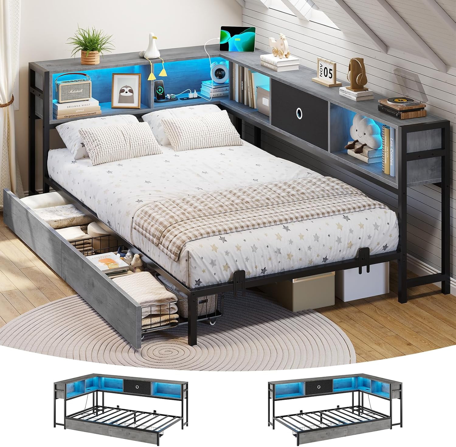 Twin Corner Bed Frame with Bookcase Storage and Led Lights,Twin Daybed ...